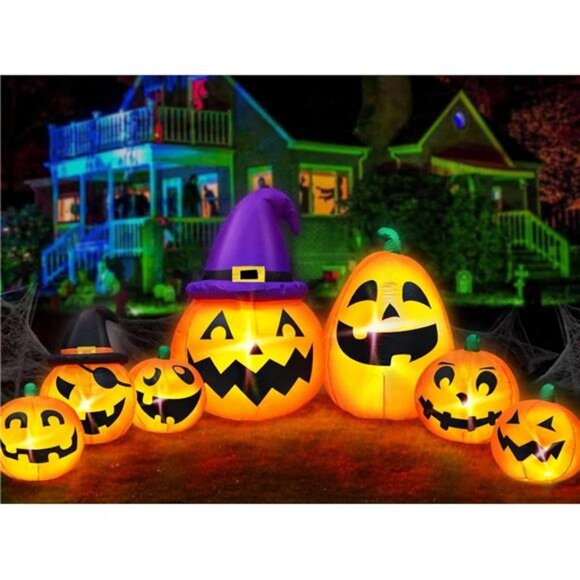 12 FT Extra Long Seven Halloween Inflatables Pumpkins with 2 Witch Hats Decor
